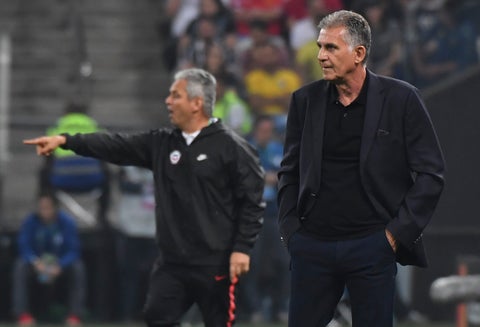 Reinaldo Rueda y Carlos Queiroz, entrenadores de Chile y Colombia, respectivamente, enfrentados en Sao Paulo (Brasil) el 28 de junio de 2019