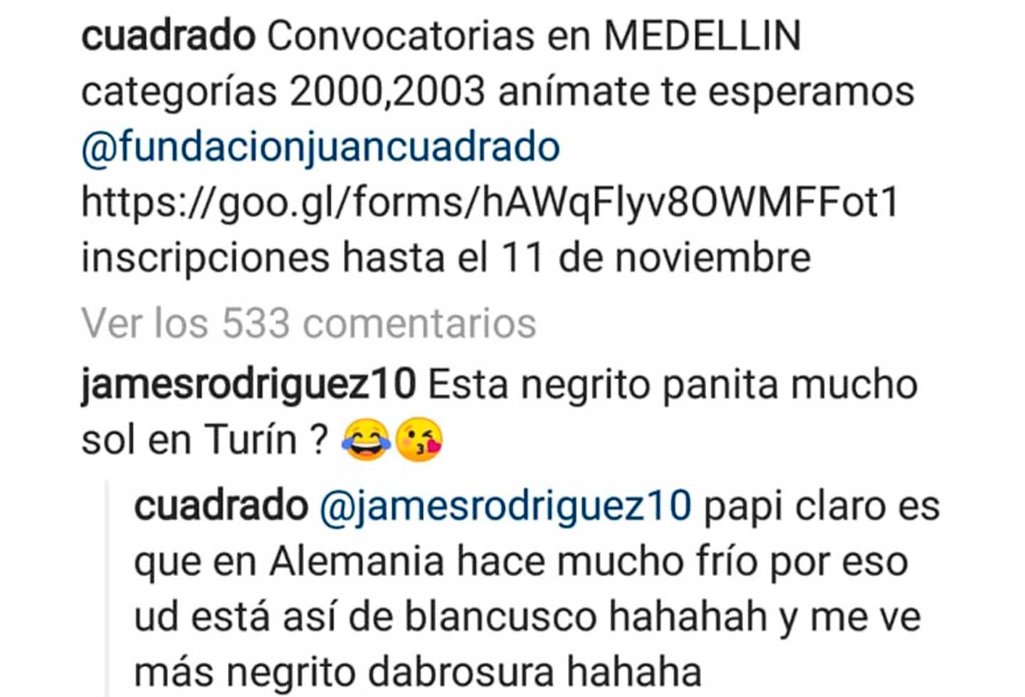Cuadrado le responde a James Rodríguez en Instagram