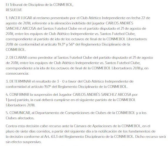 Sanción que entrega Conmebol Santos de Brasil por alineación indebida de Carlos Sánchez