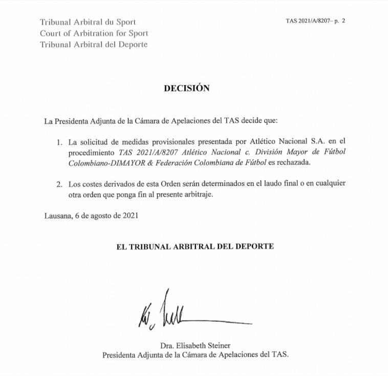 Decisión del TAS sobre Nacional