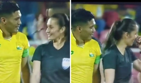 Teo coqueteando con la árbitra en Bucaramanga vs América