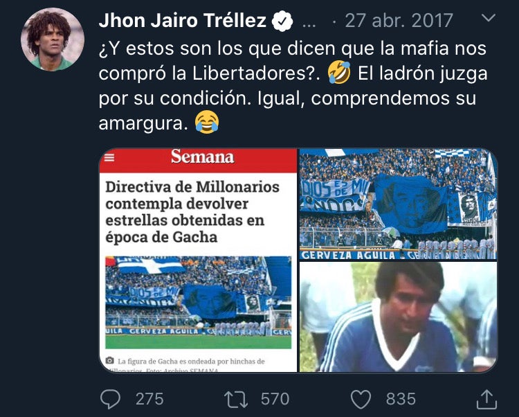 Tweet de John Jairo Tréllez refiriéndose a Millonarios