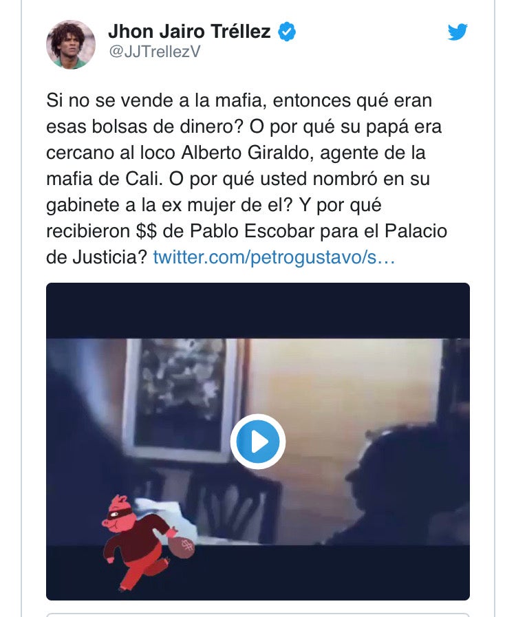 Tweet de John Jairo Tréllez haciendo mención a Gustavo Petro