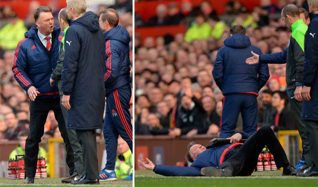 Louis van Gaal decidió tirarse al suelo para representar una supuesta simulación de Olivier Giroud