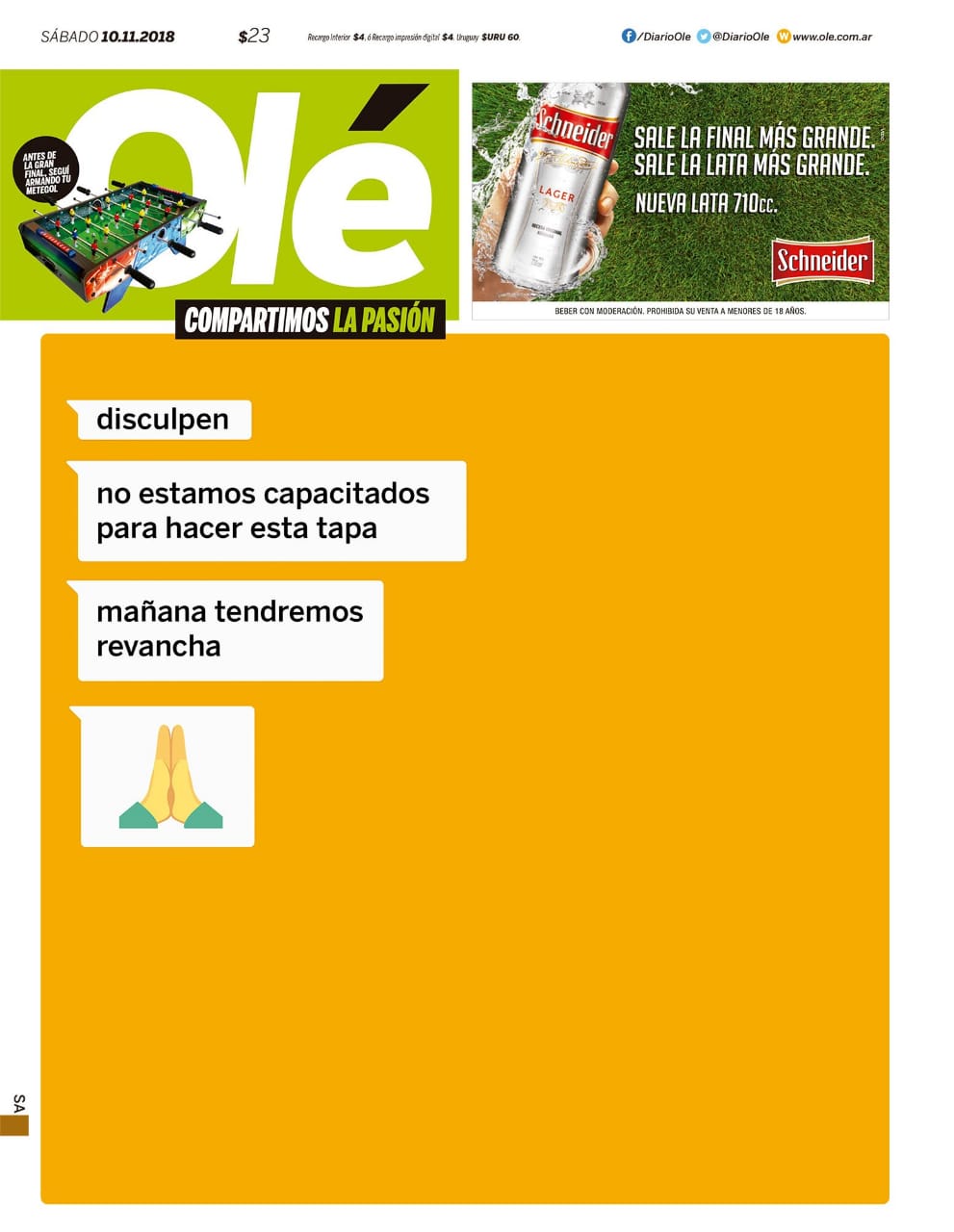 Tapa de Olé sobre la final de la Copa Libertadores entre Boca y River