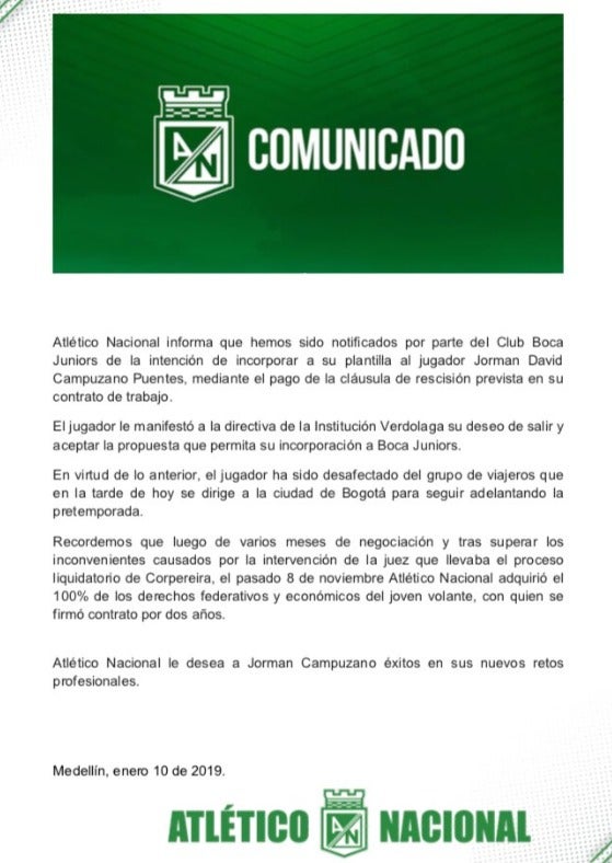 Comunicado Atlético Nacional