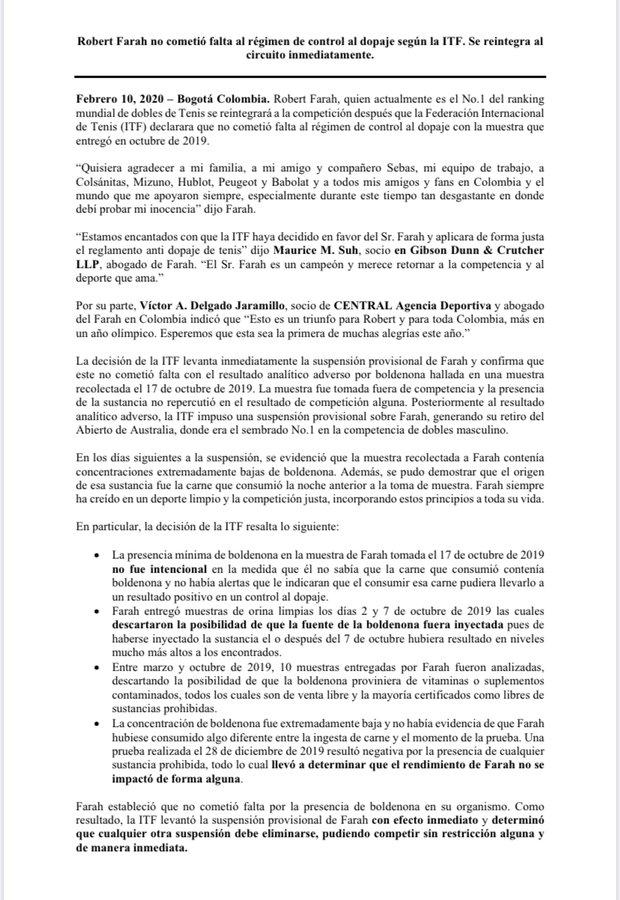 Comunicado ITF sobre Robert Farah