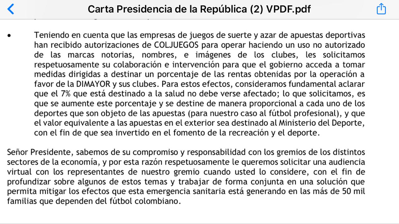 Carta Dimayor al gobierno