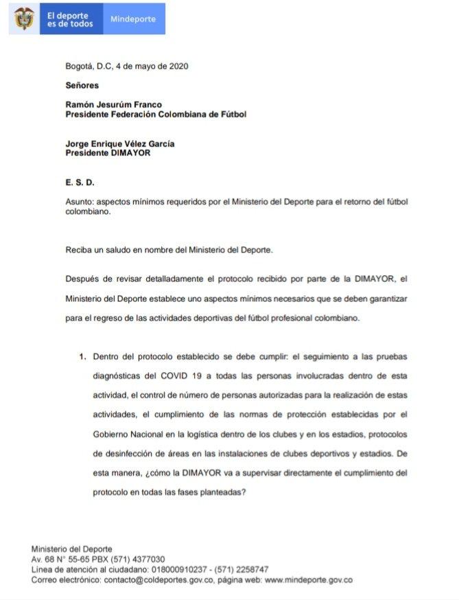 Carta Mindeportes a Dimayor