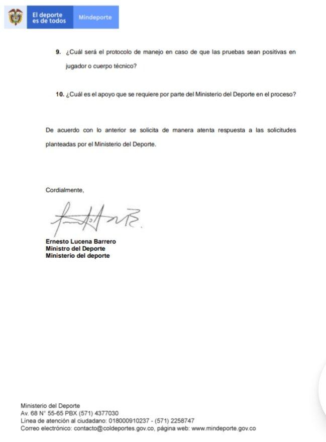 Carta Mindeportes a Dimayor