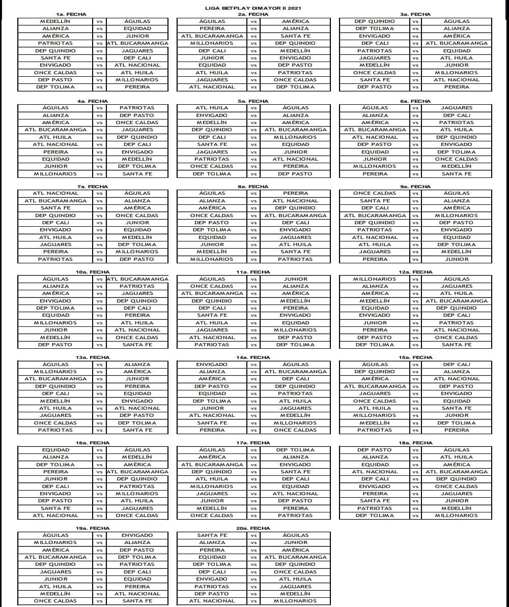 Fixture completo Liga Betplay 2021-2