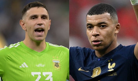 Emiliano Dibu Martínez y Kylian Mbappé