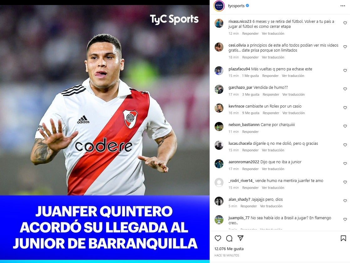 comentarios a Juan Fernando Quintero tras llegar a Junior