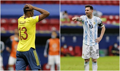 Yerry Mina y Lionel Messi